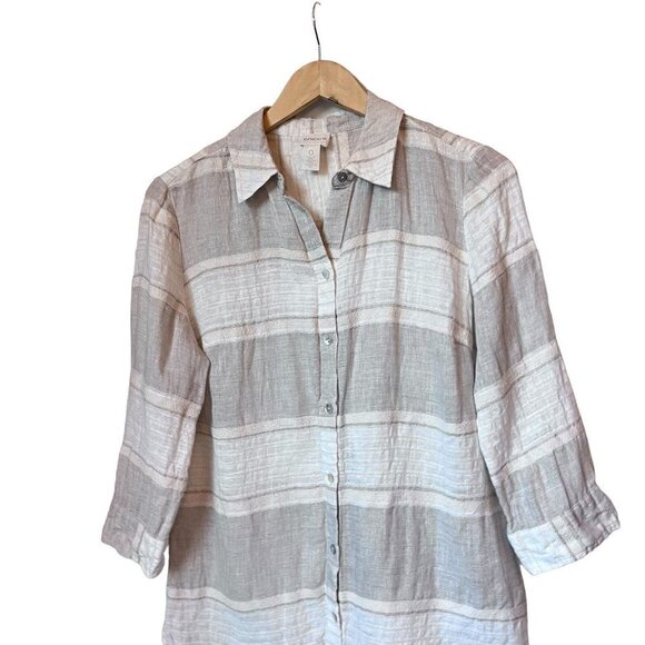 Chicos Linen Blend Gray White 3/4 Sleeve Button Up Shirt Size 0 S - Picture 3 of 12